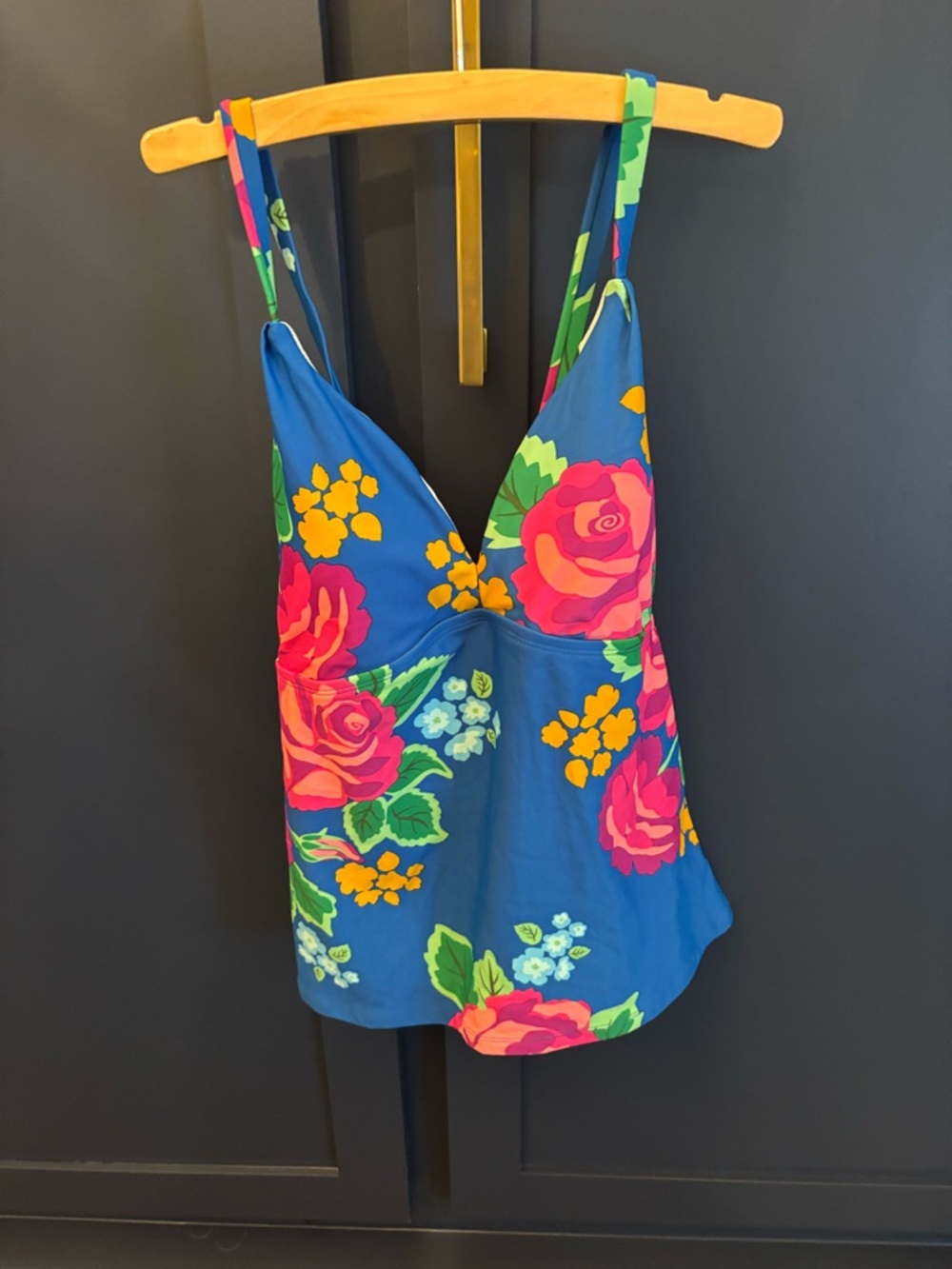 Vibrant Blue Floral swim Tank Top with Bold Pink Roses